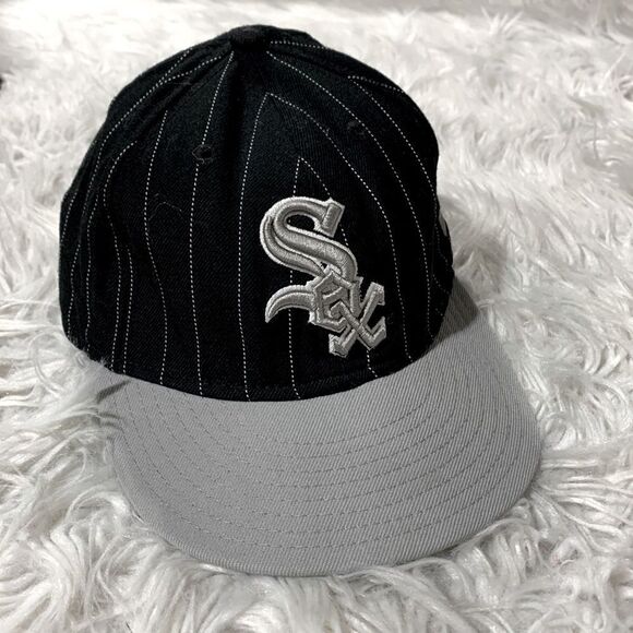 WHITE SOX wool baseball cap New Era 7 3/8 black with white pin stripes gray bill - Picture 1 of 11